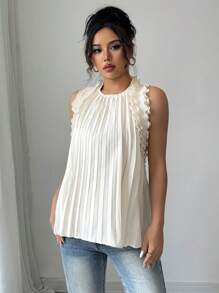 Elenzga Sleeveless Frill Trim A-Line Pleated Elegant Romantic Women Dress - Apricot - View 5