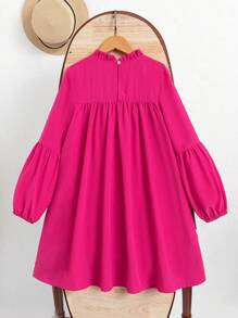 SHEIN Tween Girls' Sweet Frill Trim Lantern Sleeve Dress, Suitable For Autumn/Winter - Hot Pink - View 2