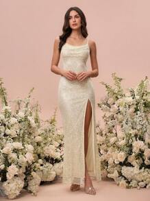 Glamine Đầm Maxi Dây Spaghetti Lấp Lánh Viền Chia Viền Kim Sa Lấp Lánh Màu Trơn Cho Nữ - Màu be - Xem 6