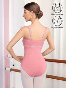 Dansine Women's Sleeveless Leotard Ballet Dancewear Tight Bodysuit Adult Gymnastics High Stretch Leotard With Solid Color, Lace Trim And Full Front Lining, Ballet Dancewear Tops For Spring/Summer - Coral Pink - View 2