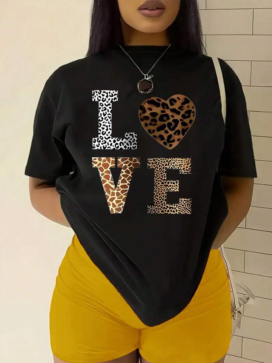 Camiseta suelta de verano para mujer con cuello redondo, estampado de leopardo y gráfico de letra