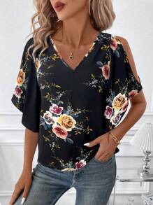 SHEIN Clasi Women V-Neck Floral Print Ruffle Sleeve Slit Front Blouse - Black - View 6