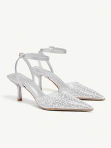 CUCCOO CHICEST Women's Pearl & Rhinestone Transparent Silver Foil Closed Toe Stilettos, Sexy Elegant Pointed Toe Mules For Christmas