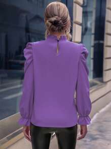 SHEIN Clasi Women's Elegant Solid Color Lace Trim Round Neck Long Sleeve Blouse - Purple - View 2