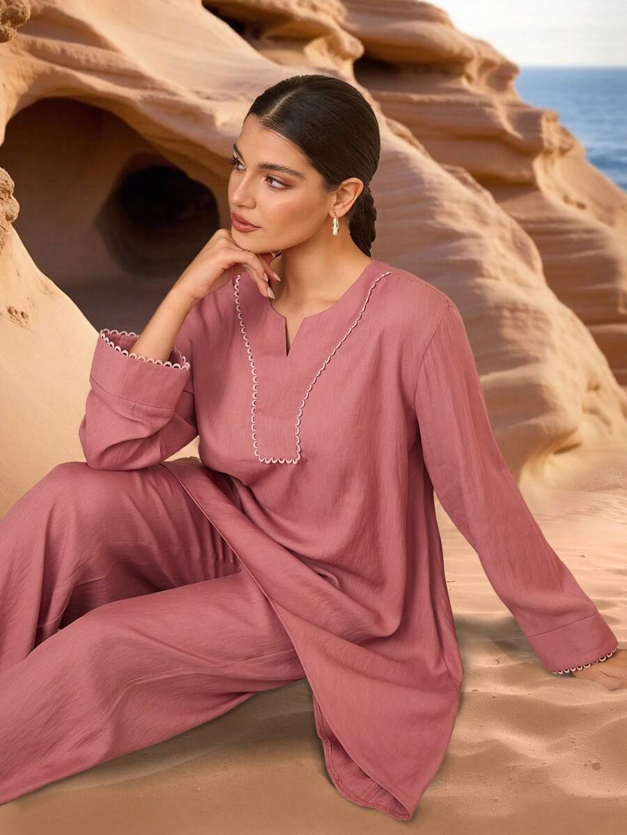 Graceveil Conjunto de 2 piezas: Top con cuello en V y volantes en el bajo, y pantalón largo de cintura elástica para mujer, para primavera/verano - Rosa - Ver 1