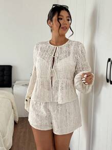 SHEIN Frenchy 2pcs/Set Plus Size Women Tie-Front Lantern Sleeve Top And Shorts Set - Apricot - View 5