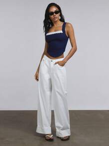 Athîral Camisola de mezclilla informal sin mangas con parches de encaje para mujeres