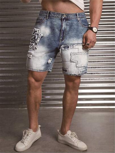 Manfinity VCAY 大码男士宽松字母贴花牛仔短裤