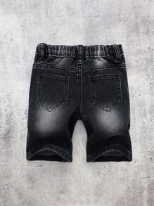 SHEIN Kleine Jungen Sommer Straßen-Coole Frontknopftasche, ausgewaschene, zerrissene, ausgefranste, einfache schwarze Denim Shorts, Kleine Jungenmode Frühling/Sommer Streetwear, Frühling Break Outfit