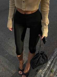 INAWLY Versatile Casual Solid Color 3/4 Leggings - Black - View 7