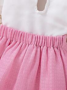 SHEIN 2 件装少女荷叶边领泡泡袖蝴蝶结上衣和褶皱蝴蝶结短裙套装 - 彩色 - 查看 7