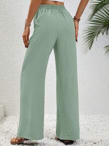 SHEIN LUNE Pantalones casuales rectos de mujer de unicolor con bolsillos y lazo a la cintura - verde menta - Ver 2