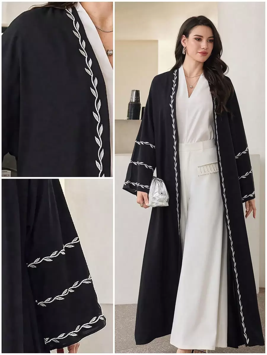 Al Najma Simple Loose Embroidery Long Sleeve Robe, Casual Everyday Wear, Modest Abaya - Black - View 1