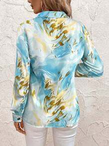 SHEIN Clasi Women's Elegant Marble Print Button Down Long Sleeve Blouse, Suitable For Vacation