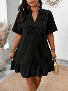 Breezaya Pure Plus Size Women's Solid Color Casual V-Neck Ruched Cut-Out Detail Dress
