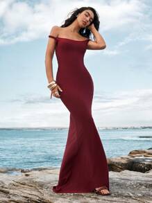 Aloruh 女士性感优雅扭纹露背修身长款酒红色拖尾连衣裙夏季女装度假装 - 酒紅色 - 查看 7