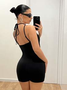 SHEIN ICON Figure-Hugging Hollow-Out Lace Up Mesh Panel Romper Unitard - Black - View 2