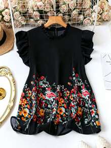 SHEIN CURVE+ Elegant Commuting Vintage Casual Women's Fashion Versatile Popular Floral Fabric Ruffle Sleeve Design Black Plus Size Shirt, Suitable For Spring, Summer, Autumn