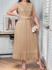SHEIN Clasi Plus Size Women's Solid Color Round Neck Cap Sleeve Twist Front Pleated Midi Dress - Khaki - View 4