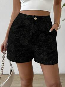 SHEIN Unity 女士花卉提花图案宽松短裤 - 黑色 - 查看 6