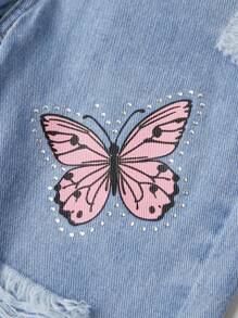 SHEIN Young Girls Jeans - Distressed Light Wash Blue Denim Jeans With Butterfly Print, Rhinestone Decor And Elastic Waist, Loose Fit Wide Leg - Light Wash - View 7
