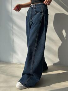 DAZY Women Pleated Denim Straight Leg Jeans,Baggy Jeans - Dark Wash - View 3