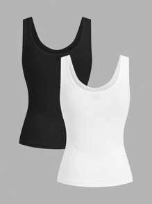 Slaydiva 2 Pieces Casual Minimalist Women V-Neck Camisole, Black And White Back To School - Multicolor - View 2