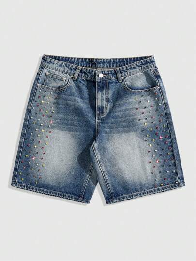 Street Life Pantalones cortos vaqueros holgados con patrón de diamantes de colores para hombre