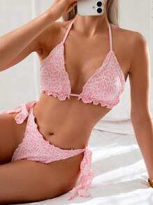 Swim Mod Conjunto de Maiô Bikini de Duas Peças com Estampa Floral, Alças Finas e Decote Nas Costas Com Laço Lateral, Look de Praia de Verão para Mulheres - Rosa chiclete - Visão 7