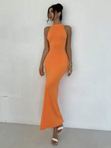 Firerie Valentijnsdag Nieuwe elegante romantische date vakantie oranje asymmetrische wrap voorkant rugloze bodycon maxi-jurk