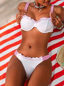 Swim Mod Women's Fresh & Sweet Frill Trim Bikini Set - Baby Pink - View 3