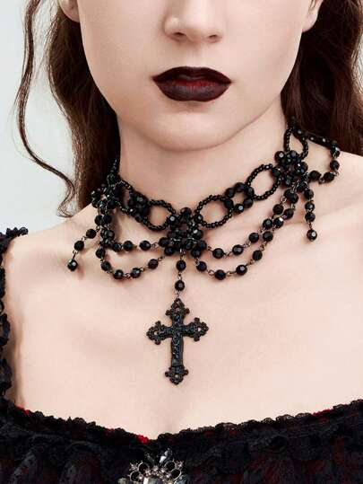 Goth Vintage Punk-Style Cross Pendant Multi-Layer Black Crystal Beaded Necklace