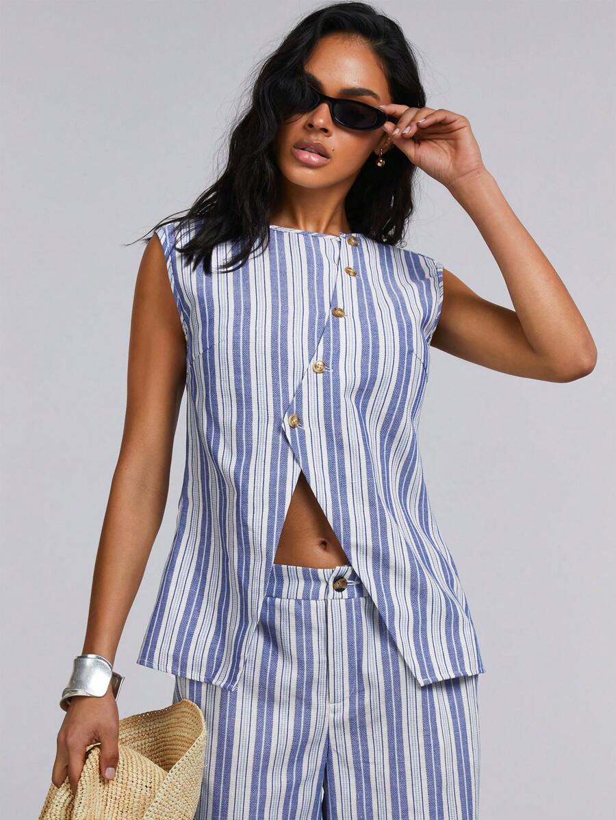 Athîral 女式条纹单排扣无袖衬衫，下摆开叉