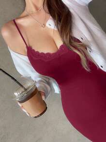 DAZY Đầm dài ôm dáng màu trơn phối ren tương phản dành cho nữ, đầm hè thanh lịch màu đỏ. - Màu Đỏ Sâu - Xem 4