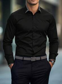 Manfinity Mode 男士纯色单排扣商务衬衫，适合日常通勤、秋季穿着，长袖上衣