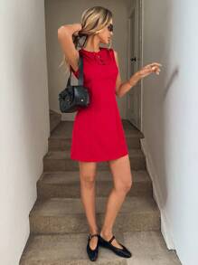 SHEIN LUNE Crew Neck Sleeveless Front Bowknot Waist A-Line Casual Vacation Elegant Dress, Red, Short Dresses For Women Elegant Birthday Dresses For Women Graduation Dress Concert Outfit Women