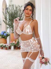 5 件套女士无钢圈性感内衣套装，适合婚礼 - 白色 - 查看 4