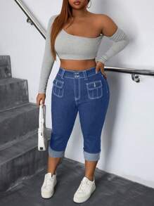 SHEIN SXY 大码女式休闲弹力牛仔裤，时尚百搭长裤，女式夏季服装，节日服装，女式七分裤，Gyaru 休闲 - 中等水洗藍 - 查看 6