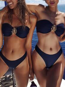 SHEIN Swim 2pcs/Set Solid Color Shiny Fabric Metal Decor Bandeaus Stylish Simple Bikini Set