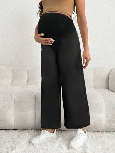 SHEIN Quần Jeans Bà Bầu Rộng Màu Đen 3/4 Có Cạp Vá