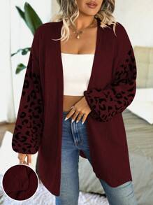 Calvaya 豹纹落肩开衫，冬季 - 酒紅色 - 查看 1