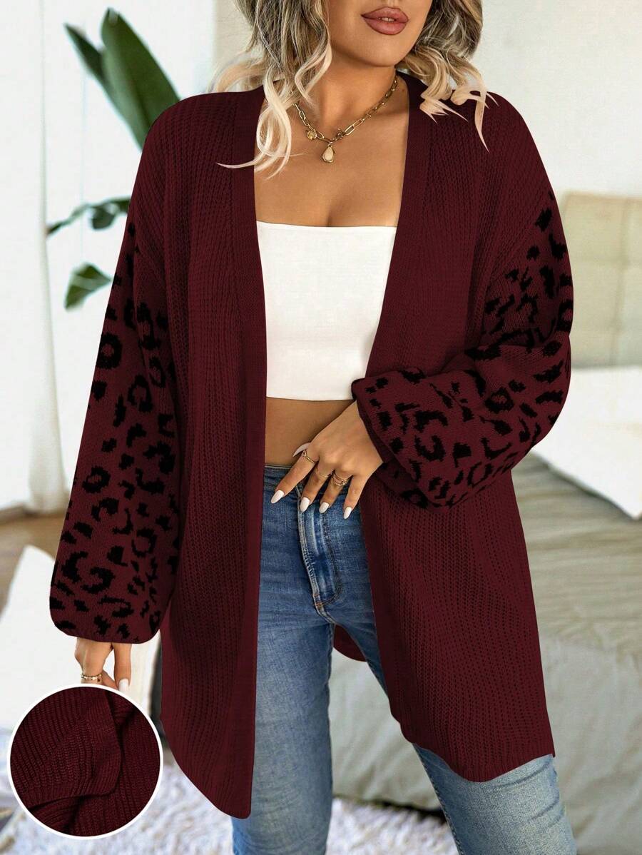 Calvaya 豹纹落肩开衫，冬季 - 酒紅色 - 查看 1