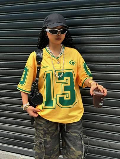 Rovax 女士 V 领撞色袖口数码印花短袖 T 恤