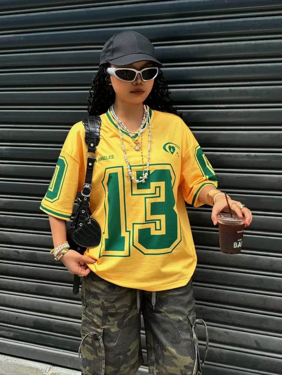 Rovax Women's V-Neck Contrast Sleeve Cuff Digital Printed Short Sleeve T-Shirt - Yellow - View 1