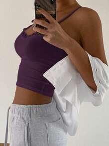 DAZY Sleeveless Solid Color Lace Trim Purple Camisole Top For Summer Crop Women Tops - Purple - View 6