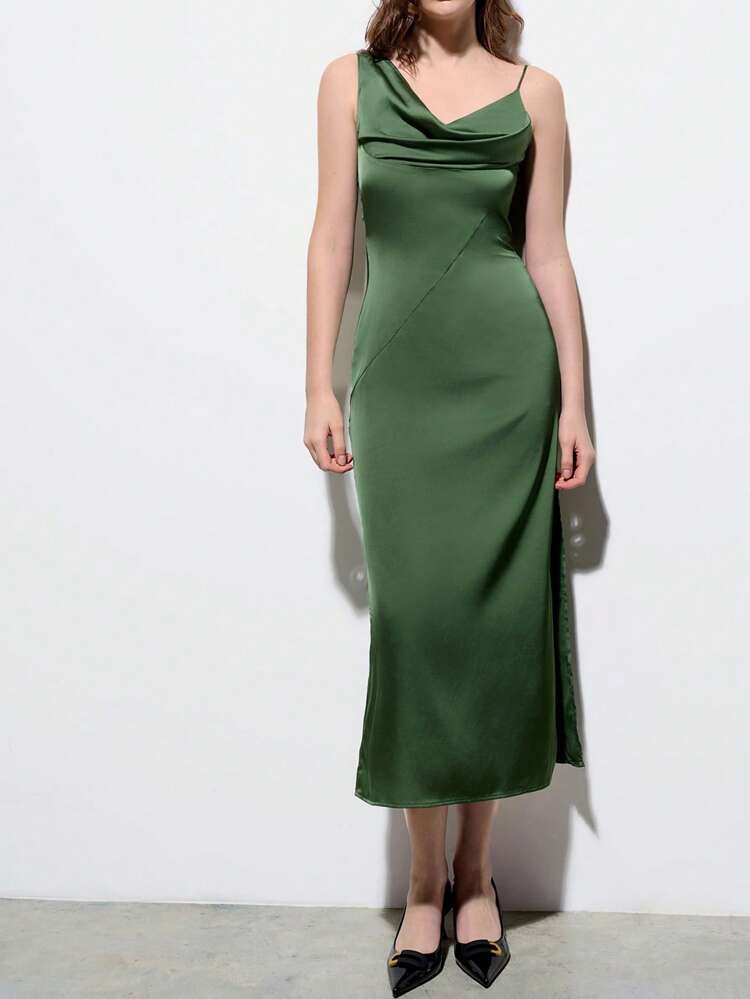 SHEIN Maija 2025 Summer New Women's Business Casual Dress, Green Asymmetric Ruffle Collar Design, Waist Oblique Split Vintage Style, Versatile For Party, Music Festival, Beach, Vacation, Graduation, Wedding Guest