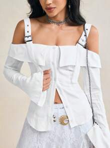 Nazario Designer Business Casual White Woven Linen Cold Shoulder Flap Buckled Straps Blouse, Office - White - View 3