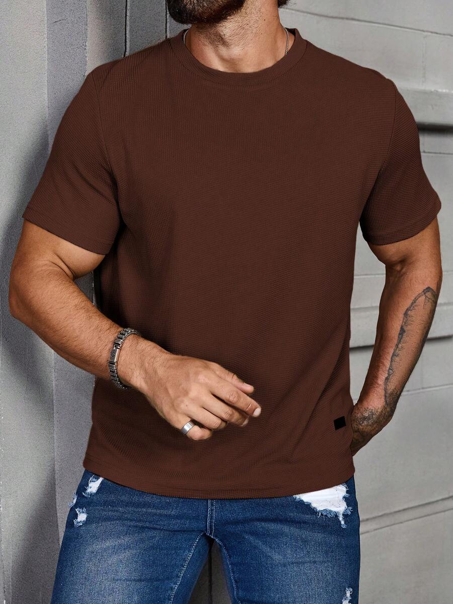 Manfinity Homme 大码男士休闲纯色短袖T恤，夏季百搭 - 棕色 - 查看 1
