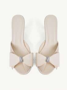 CUCCOO CHICEST Women's Elegant Peep Toe Crystal Bow Embellished Wedge High Heel Sandals, Sweet Romantic Faux Leather Ladies Slip On Shoes, Suitable For Summer Wedding, Party, Tea Date, Holiday - Beige - View 2