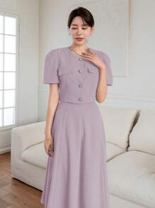 DAZY Women Elegant Commuting Solid Color Puff Sleeve Top And Skirt 2 Pieces Set - Purple - View 4